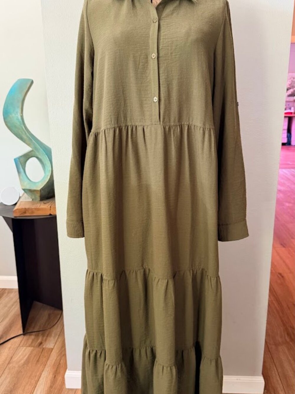 NWT Max Studio London Tiered Gauze Shirtdress in olive green Size XL - Picture 2 of 8